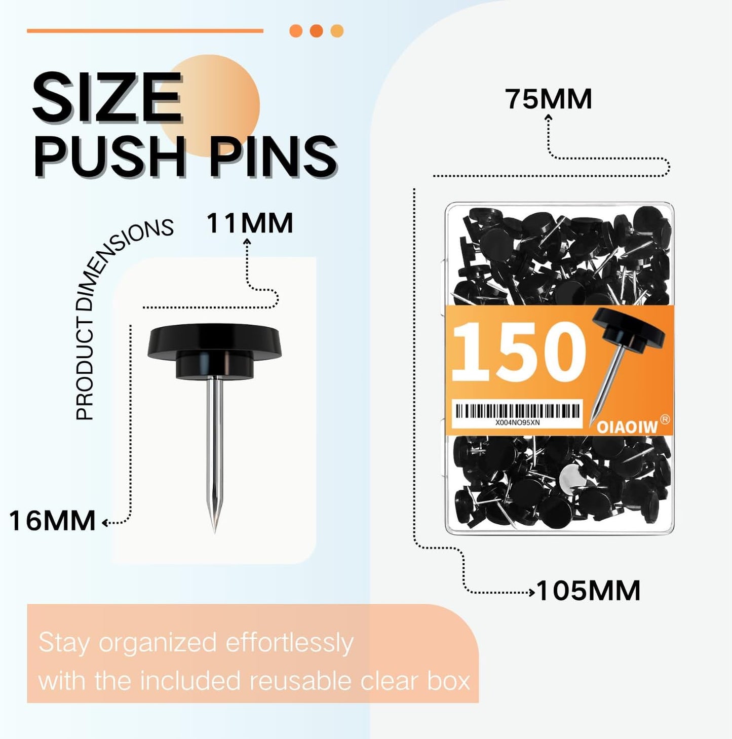 150 PCS Clear Push Pins Tacks Count in Reusable Box for Bulletin Boards and Wall Displays Heavy Duty Plastic Head
