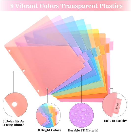8-Tab Dividers for 3 Ring Binder, 48 Count Binder Dividers with Pockets, Subject Dividers, 3-Hole Plastics Sheets Protectors for US Letter Size in 0.5", 1",2" Binders, Vibrant 8 Color, 6 Packs