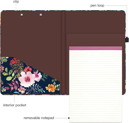 Hongri Clipboard Folio with Refillable Lined Notepad and Interior Storage Pocket for Students, Classroom, Office, Women, Man, Cute Custom Pattern, Size 12.8 x 9.2 in, Classic Flower