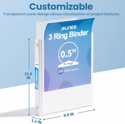 SUNEE 1/2 Inch Binders 3 Ring 10 Pack Bulk, PVC-Free Clear View Half Inch Binders (Fits 8.5x11 Inches) for School, Office & Home Use, White