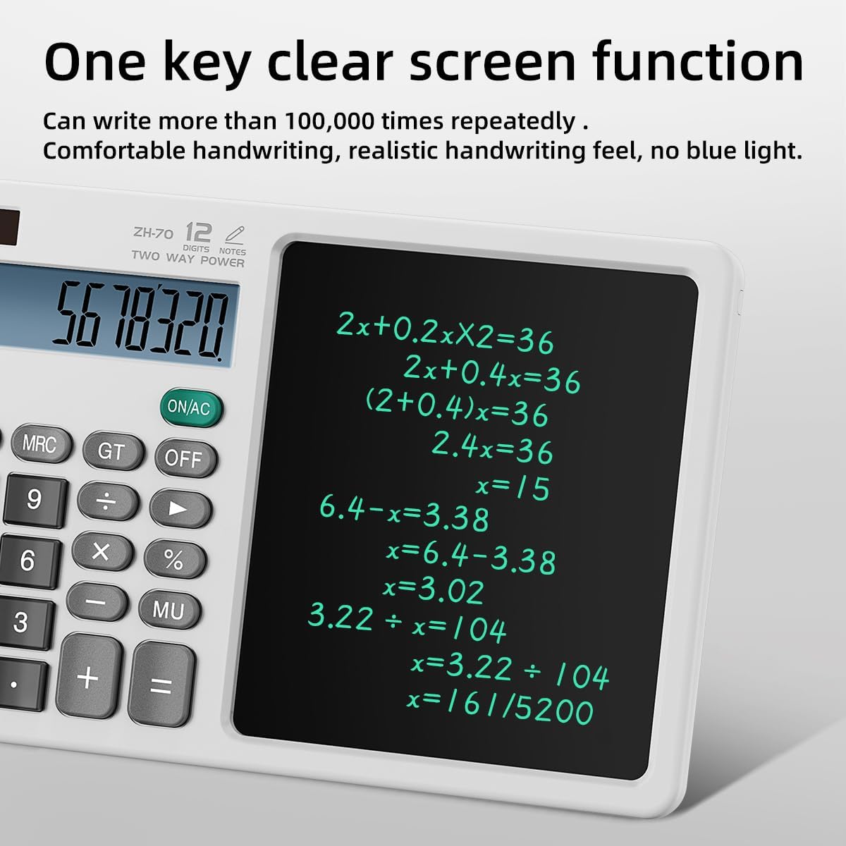 Desk Calculator with Erasable Writing Pad, 12-Digit Wide Screen Display, 100,000+ Reusable LCD Notepad, One-Click Clear & Lock Function, Solar and Battery Dual Power for Office,School,Business (Black)