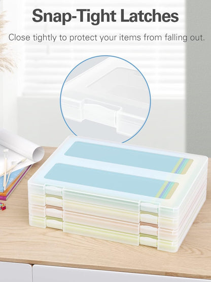 iBune 4-Pack A4 Plastic Paper Organizer Box, Scrapbook Storage for 8.5” x 11” Letter Papers, Portable Document Holder, Photo Storage Box Sticker Art Supplies Organizers, 12.2” x 8.9” x 0.7” Inner Size