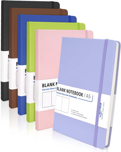 Dynta Blank Journal Notebooks for Women Men, 6 Packs A5 Hardcover Sketchbook, 200 Pages/100 Sheets Unlined Paper, 6 Colors, 5.8" x 8.4" Plain Journals bulk for Writing, Sketching, Drawing