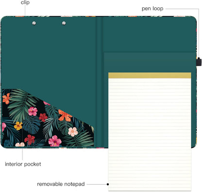 Hongri Clipboard Folio with Refillable Lined Notepad and Interior Storage Pocket for Students, Classroom, Office, Women, Man, Cute Custom Pattern, Size 12.8 x 9.2 in, Classic Flower