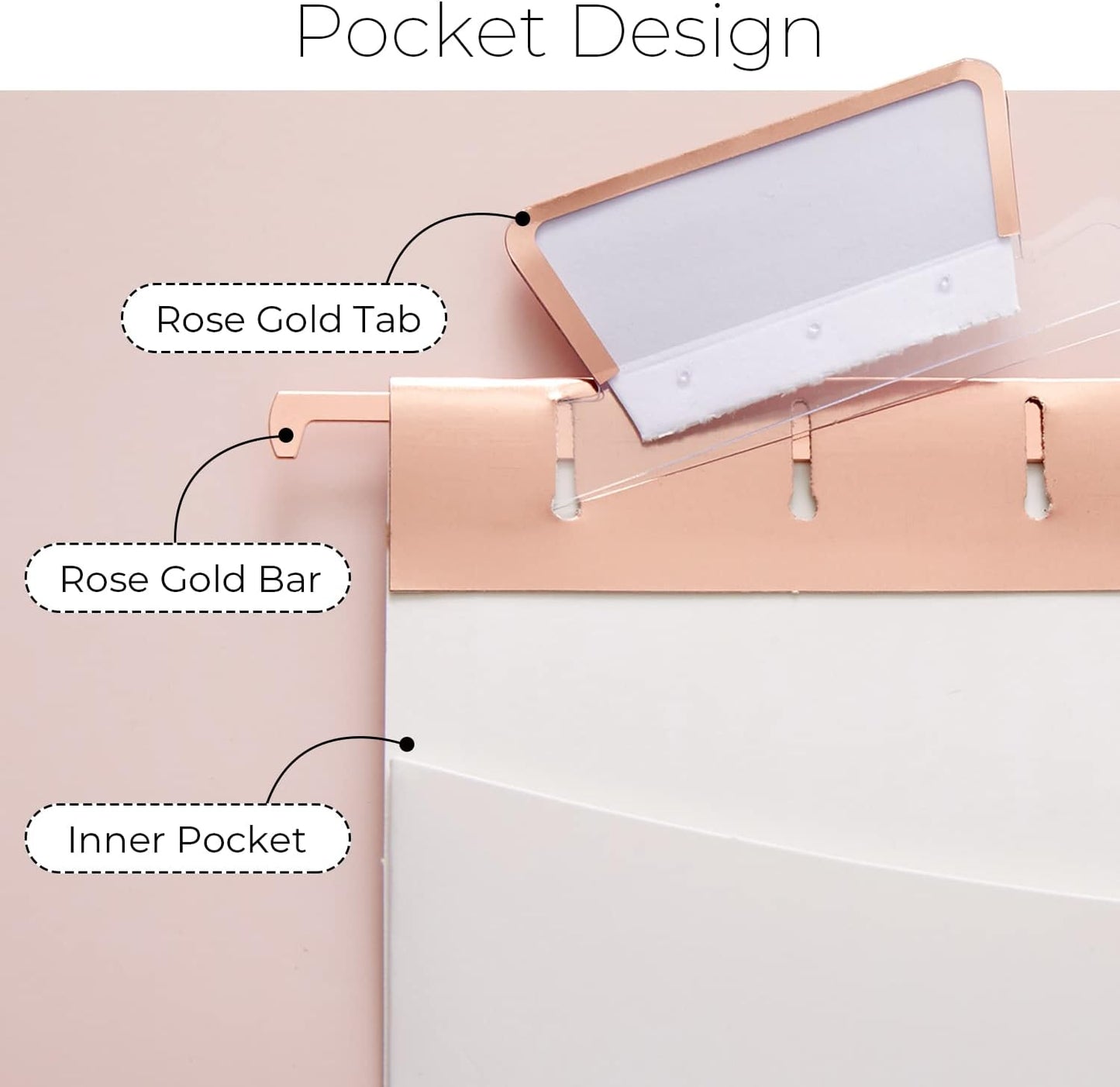 Y YOMA 6 Pack Rose Gold Hanging File Folders with Pocket Letter Size Decorative File Folder Cute Pretty Hanging Folder for Office Home School with 1/5-Cut Adjustable Tabs, Inner Storage Pockets