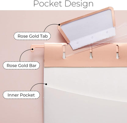 Y YOMA 6 Pack Rose Gold Hanging File Folders with Pocket Letter Size Decorative File Folder Cute Pretty Hanging Folder for Office Home School with 1/5-Cut Adjustable Tabs, Inner Storage Pockets