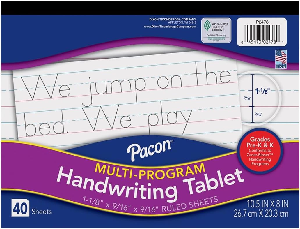 Pacon Handwriting Paper, Zaner-Bloser Grades Pre-K & K, 1-1/8" x 9/16" x 9/16" Ruled 10-1/2" x 8", Ruled Long, 40 Sheets