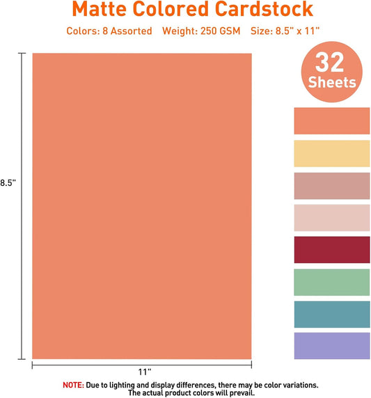 MAXECHO 8.5"x11" Colored Cardstock 32 Sheets, 250gsm/92lb Double-Sided Heavyweight Assorted Color Card Stock for Printer, Cricut, DIY Crafts, Card Making, Die Cutting, Scrapbooking, Construction Paper