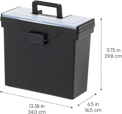 IRIS USA File Box with Lid File Organizer for Letter File w/Organizer-Lid, Plastic Mobile Filing Organizer, Water Resistant Document Box, Portable File Box with Handle, Secure Buckle, Lockable, Black