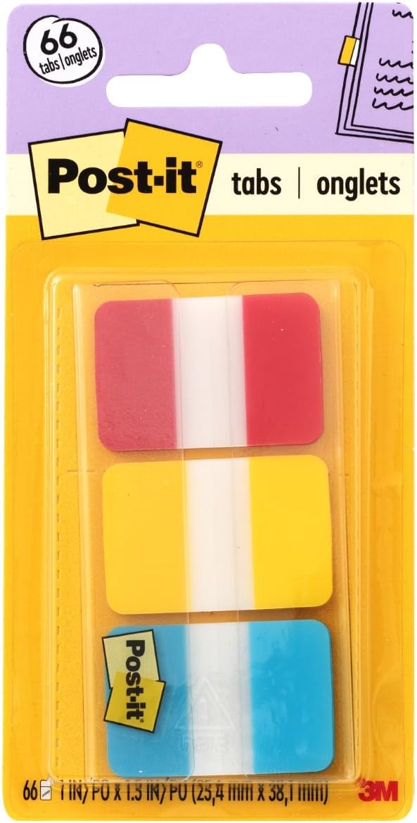 Post-it Tabs, 1 in, Solid, Red, Yellow, Blue, 22 Tabs/Color, 66 Tabs/On-the-Go Dispenser (686-RYB)