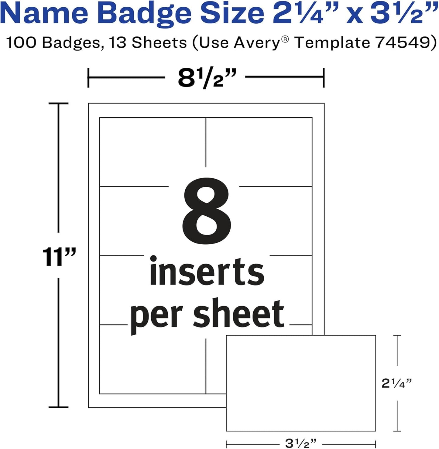 Avery Customizable Name Badges, Pin Style, 2.25" x 3.5", Clear Name Tag Holders, White Laser/Inkjet Printable Inserts, 100 Total (74549)