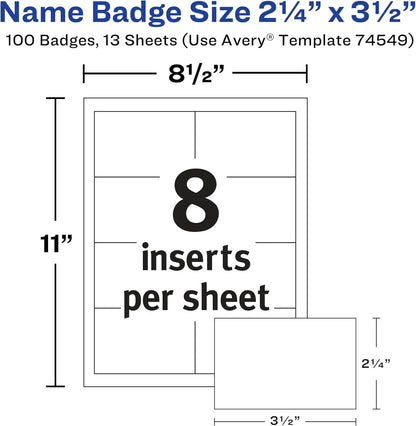 Avery Customizable Name Badges, Pin Style, 2.25" x 3.5", Clear Name Tag Holders, White Laser/Inkjet Printable Inserts, 100 Total (74549)