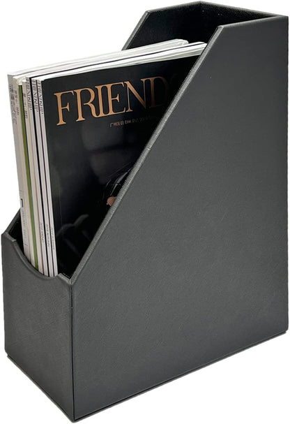UnionBasic Magazine File Holder, Leatherette Desktop Document Organizer, Home Office Paper Holder File Storage Literature Sorter, Grey