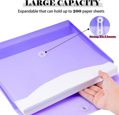 A4 Letter Size Plastic Poly Envelopes with Button and String Tie Closure, 1-1/4" Expansion Clear File Folders Side Loading Documents Organizer for Home School and Office Supplies (7)