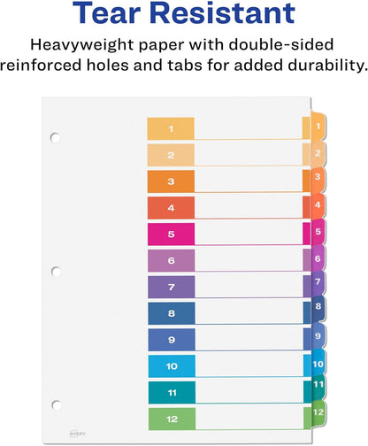 Avery 12 Tab Dividers for 3 Ring Binders, Customizable Table of Contents, Multicolor Tabs, 6 Sets (11196)