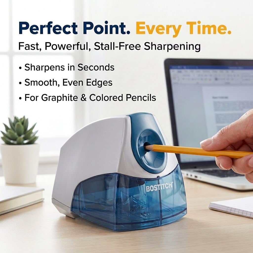 Bostitch Office Electric Pencil Sharpener for Classroom & Desk Use, Heavy-Duty Stall-Free Motor, High-Capacity Shavings Tray, Blue