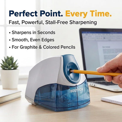 Bostitch Office Electric Pencil Sharpener for Classroom & Desk Use, Heavy-Duty Stall-Free Motor, High-Capacity Shavings Tray, Blue