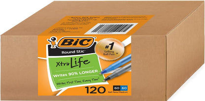 BIC Round Stic Xtra Life Pens, Medium Point 1.0 mm, 30 Black & 30 Blue Ink Pens, Pack of 60