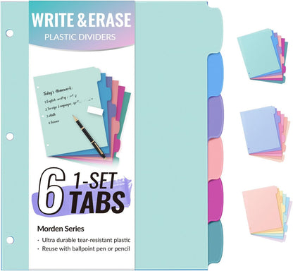 Sooez 6-Tab 3 Ring Binder dividers with tabs, Durable Plastic Write & Erase Tab Dividers for 3 Ring Binder, Aesthetic Cute Binder Dividers for Student, Teacher, Office, Home Organizers, 1 Sets