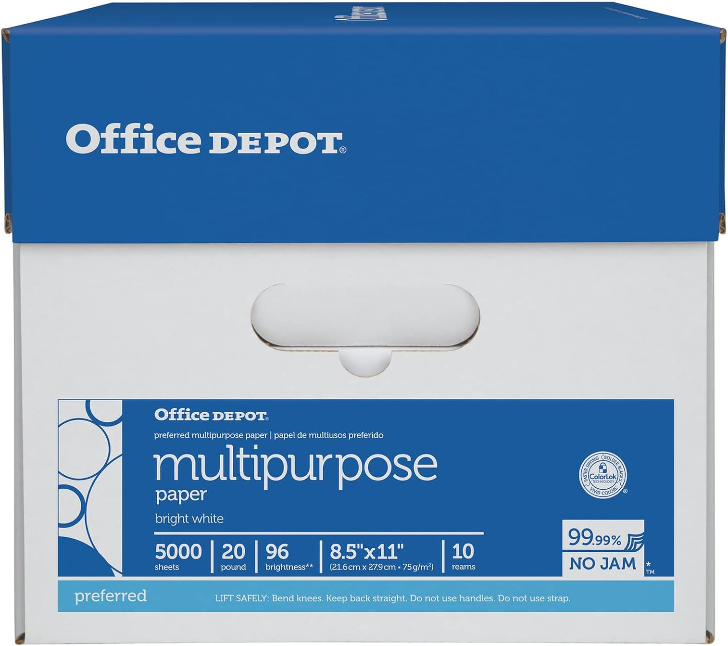 Office Depot® Multi-Use Printer & Copy Paper, 10 Reams, White, Letter (8.5" x 11"), 5000 Sheets Per Case, 20 Lb, 96 Brig