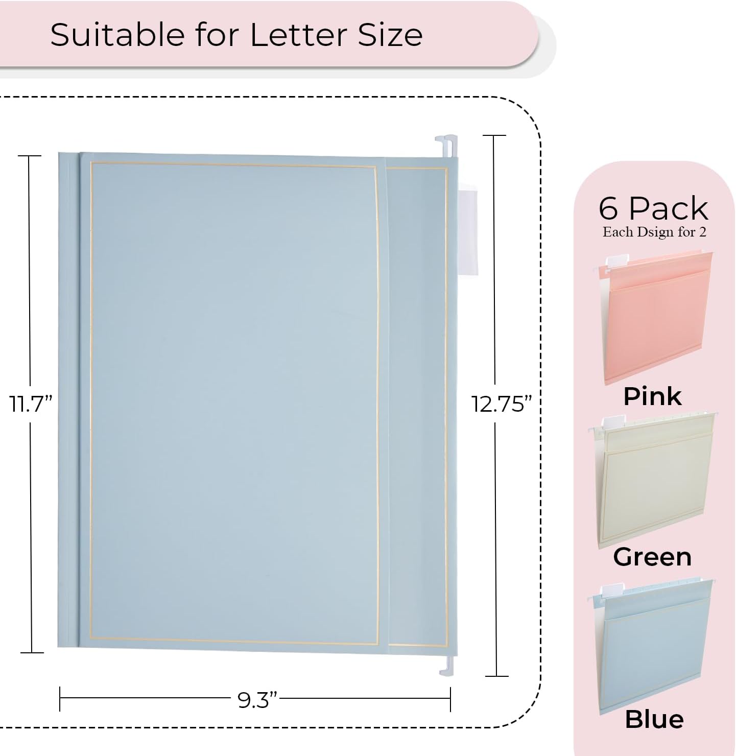 Y YOMA 6 Pack Rose Gold Hanging File Folders with Pocket Letter Size Decorative File Folder Cute Pretty Hanging Folder for Office Home School with 1/5-Cut Adjustable Tabs, Inner Storage Pockets
