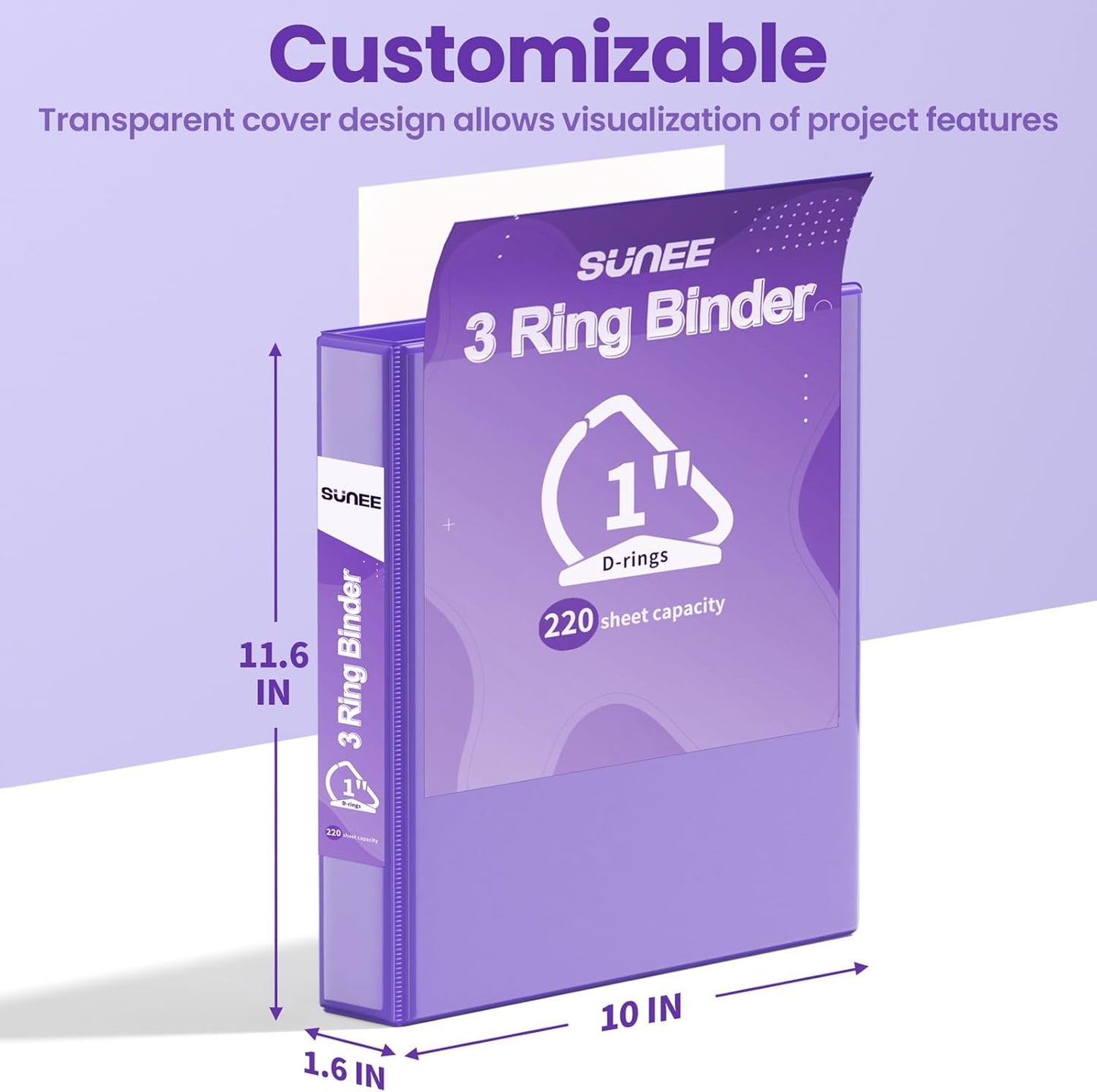 SUNEE 3 Ring Binder 2 Inch, Clear View Binder Three Ring PVC-Free (Fit 8.5x11 Inches) for School or Office Supplies, Light Purple, 1 Pack