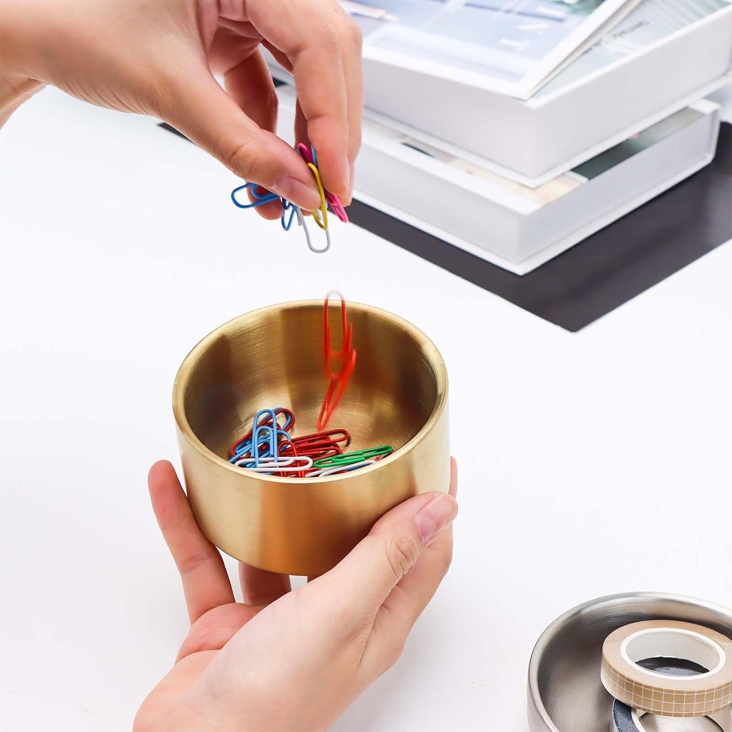NatSumeBasics Gold Paper Clip Holder Cute Paper Clips Holder Round PaperClips Dispenser Elegant Desk Organizer Accessories Supplies (Gold)