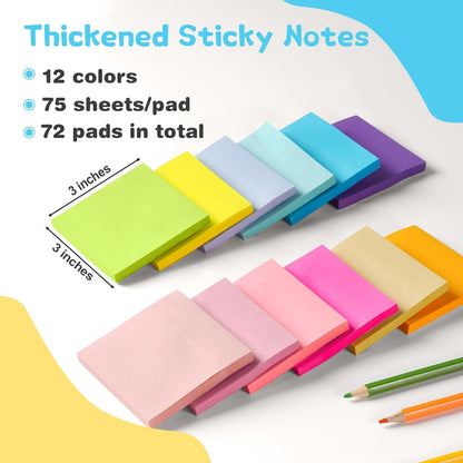 Sticky Notes 3x3 Inch (48 Pads) Bright Colors Self-Stick Memo Pads, Thick Paper Easy to Stick & Remove