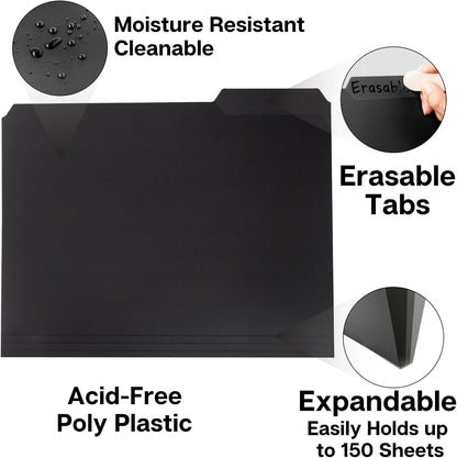 Dunwell Plastic Black 3-Tab Folders, (12 Pack), Sturdy 1/3 Tab File Folders for 8.5x11 Documents, Plastic Manila Filing Sleeves, Acid-Free Poly, Includes Labels