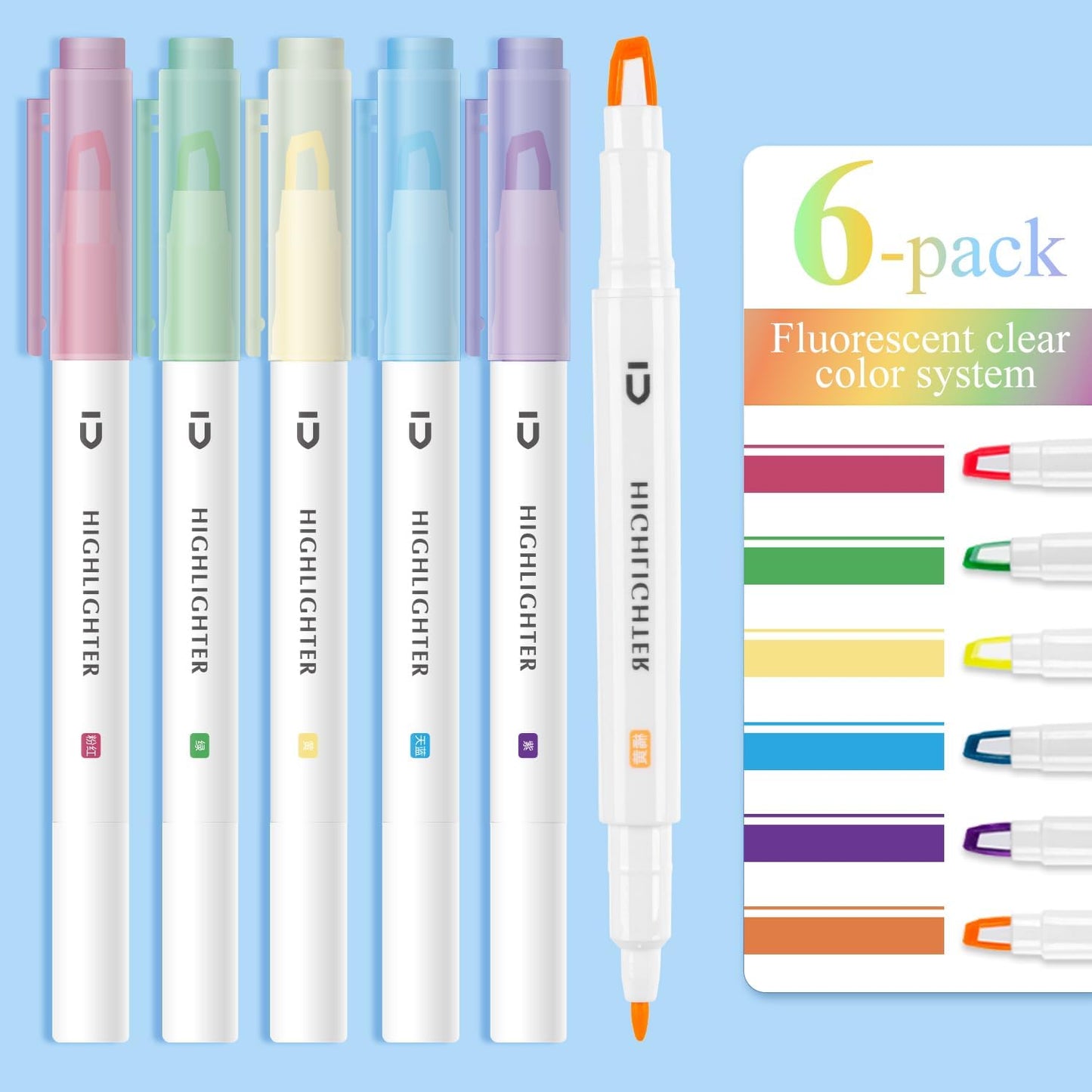 M&G 6 Pcs Cute Dual Tip Highlighters, Rainbow Color No Bleed Dry Quick Chisel Tip Highlighters, Perfect for School,Office, Bible, Notes (Rainbow)