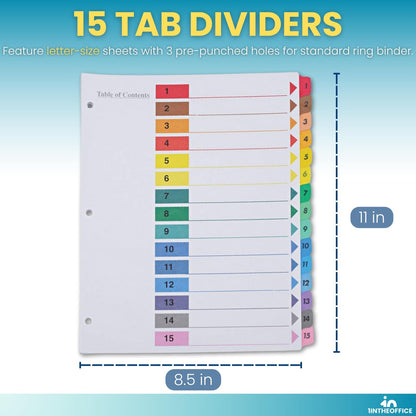 1InTheOffice 15 Tab Dividers for 3 Ring Binders, Table of Contents, 8.5" x 11", Multicolor Tabs, 6 Pack