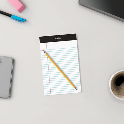STAPLES Notepads, 5” x 8”, Narrow Ruled, White, 50 Sheets/Pad, 12‑Pack