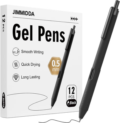 Gel Pens 0.7mm - 12 Pack Smooth Quick-Drying Retractable Black Ink for Journaling