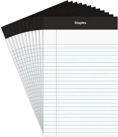 STAPLES Notepads, 5” x 8”, Narrow Ruled, White, 50 Sheets/Pad, 12‑Pack