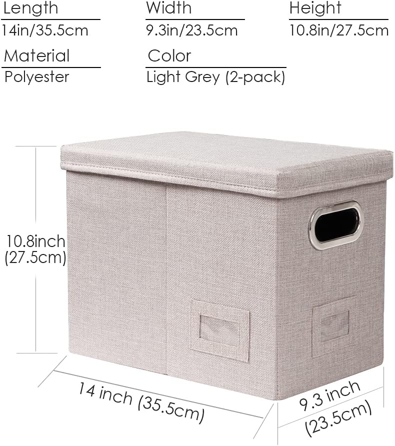 PRANDOM File Organizer Box - Collapsible Decorative Linen Filing Storage with Lids for Letter Size - Grey (14x9.3x10.8 inch)