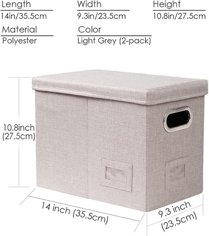 PRANDOM File Organizer Box - Collapsible Decorative Linen Filing Storage with Lids for Letter Size - Grey (14x9.3x10.8 inch)