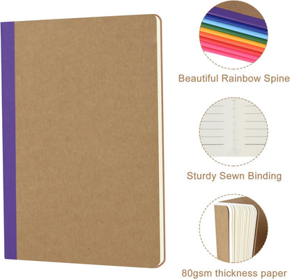 ZCZN Composition Notebooks Bulk, A5 Kraft Cover Lined Journals with Rainbow Spines for School, Business, Work and Daliy Use (24, 8 colors)