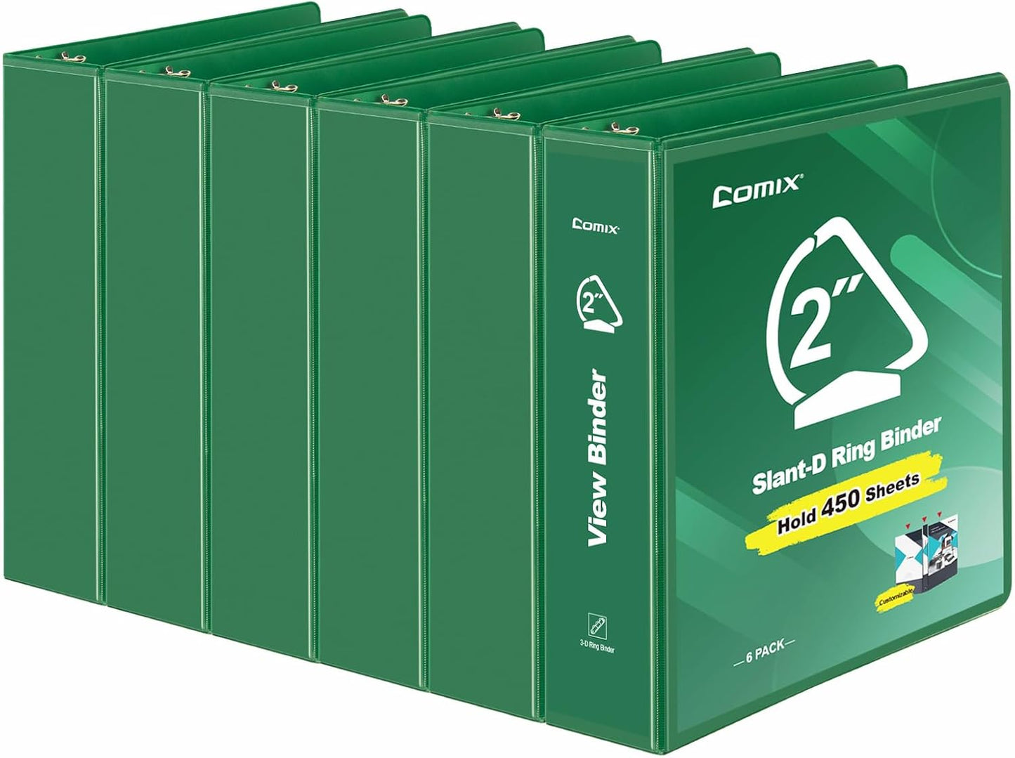 COMIX Sturdy 1 Inch Binders 3 Ring with Clear View Cover, 1" Slant-D Ring View Binder Holds 225 Sheets of US Letter Size Paper, 6 Pack (Green)