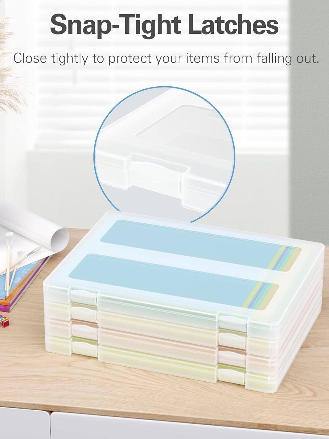 iBune 4-Pack A4 Plastic Paper Organizer Box, Scrapbook Storage for 8.5” x 11” Letter Papers, Portable Document Holder, Photo Storage Box Sticker Art Supplies Organizers, 12.2” x 8.9” x 0.7” Inner Size
