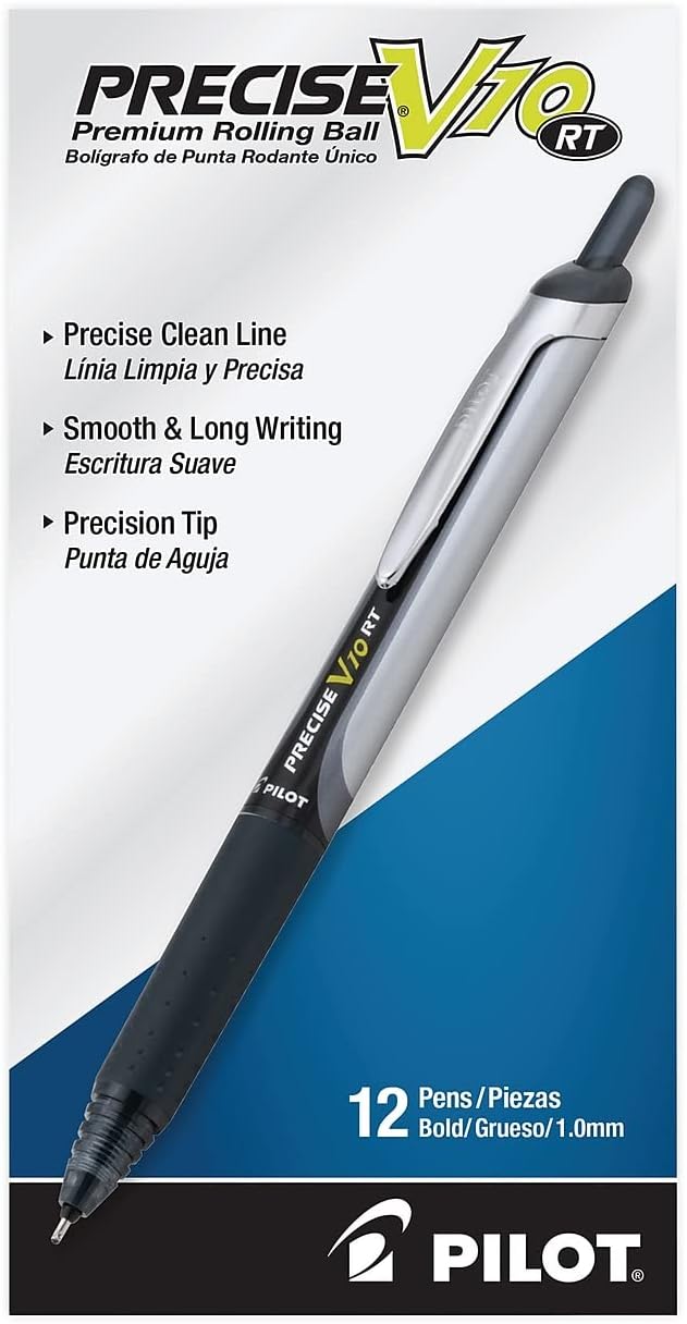 PILOT Precise V10 RT Refillable & Retractable Rolling Ball Pens, Bold Point, Black Ink, 12-Pack (13450)