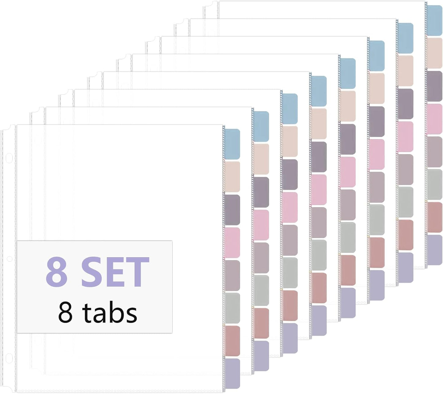 8 Set of 64 Pack Clear Binder Sheet Protectors for 3 Ring Binder Plastic Page Protector with 8 Tabs,Insertable Index Page Divider 8.5x11 Inch（Boho Color）