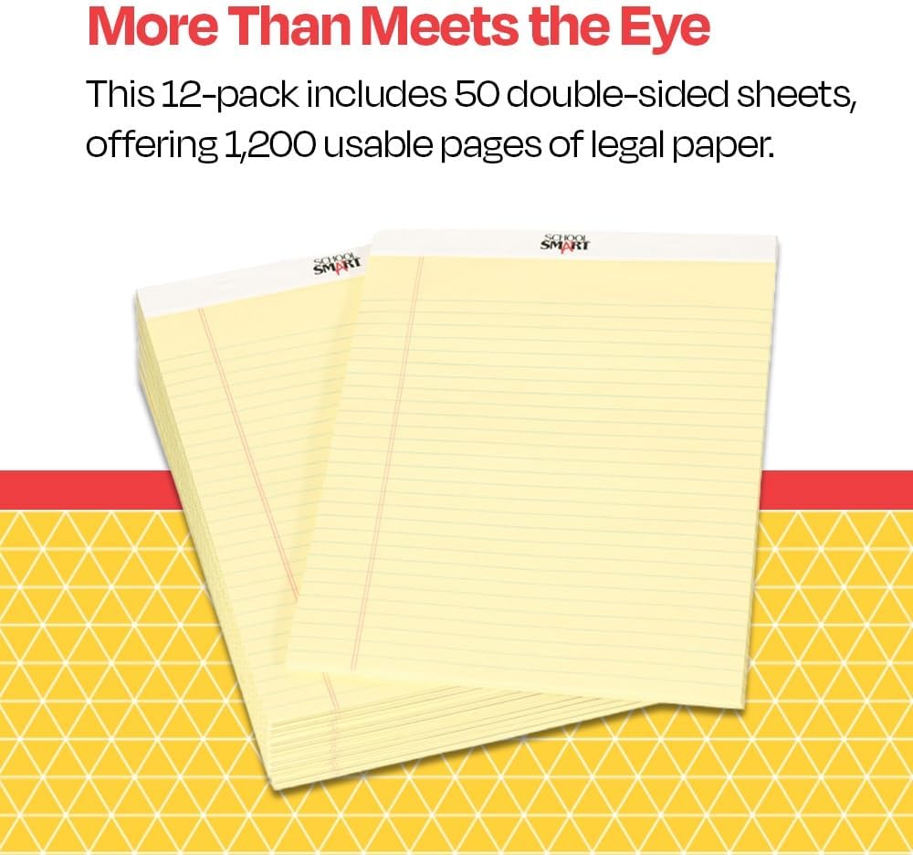 School Smart Legal Pad, 8-1/2 x 11-3/4 Inches, Canary, 50 Sheets, Pack of 12