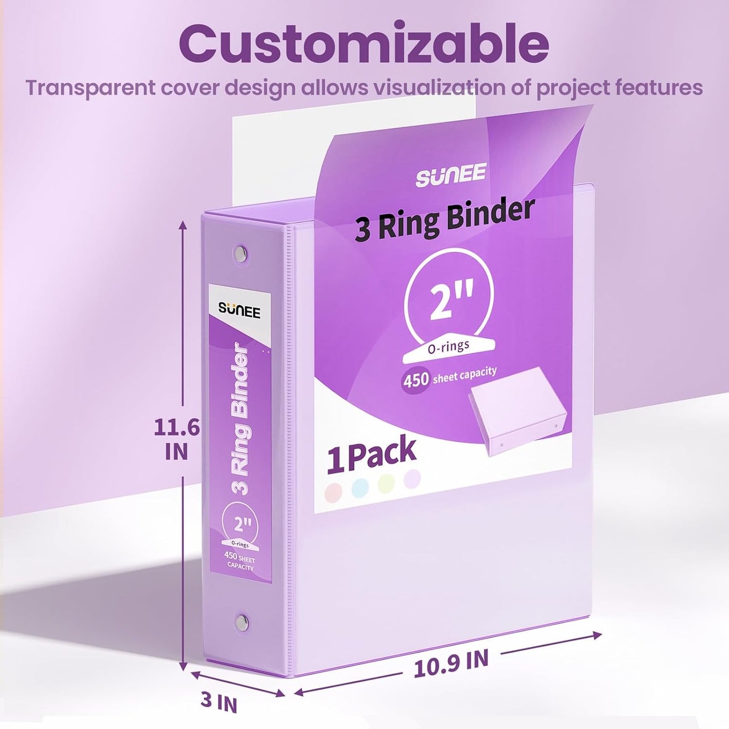 SUNEE 3 Ring Binder 3 Inch 1 Pack, Clear View Binder Three Ring PVC-Free (Fit 8.5x11 Inches) for School or Office Supplies, Pink