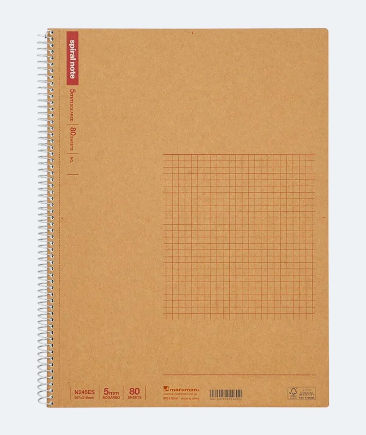Maruman Spiral Note Basic Lined Notebook- A4, 11.69" x 8.98", 80 Sheets / 160 Pages, 6.5mm Narrow Ruled Journal, Perforated Pages & Wire-Bound to Lay Flat, Sturdy Kraft Cover, Made in Japan