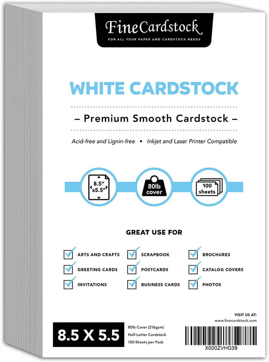 8.5 x 5.5” Bright White Card Stock Paper – Great for Arts and Crafts, Greeting Cards, Invitations, Flyers, Brochures, Photos | Heavyweight 80lb (216gsm) Cover Cardstock | 100 Sheets per Pack