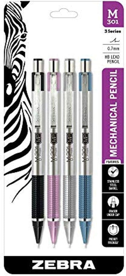Zebra Pen, M-301 Mechanical Pencil, 0.7mm Point, Stainless Steel Barrel, Textured Grip, Smooth Writing Performance, Refillable, STEEL Series, 2-Count, (54312)