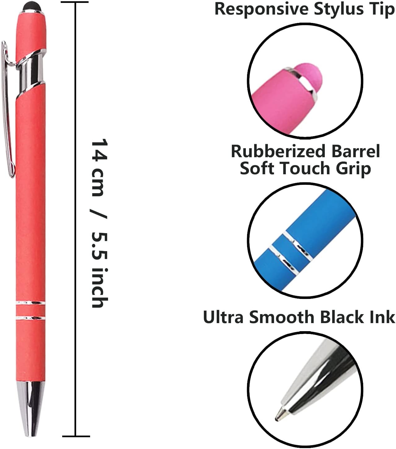 Oddmoal Ballpoint Pen with Stylus Tip, Soft Touch Click Metal Pen, 1.0mm Medium Point, Black Ink, 12 Count(Black)