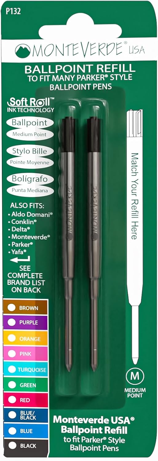 Monteverde Soft Roll Ballpoint Pen Refills to Fit Parker-Style Pens, Medium Point, Brown, 2-Pack, Smooth Writing Technology for Parker, Conklin, Schmidt, and More