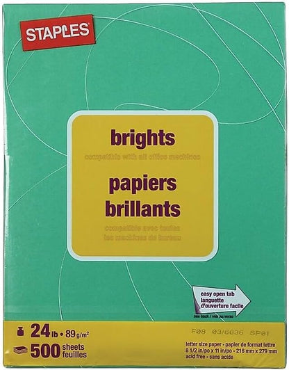 Staples Brights 24 Lb. Colored Paper Dark Green 500/Ream, For Office, School & Home