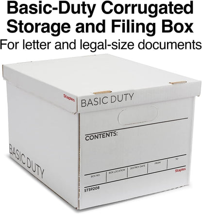 STAPLES Corrugated File Box Lift Off Lid, Letter/Legal Size, White/Black, 10/Pack